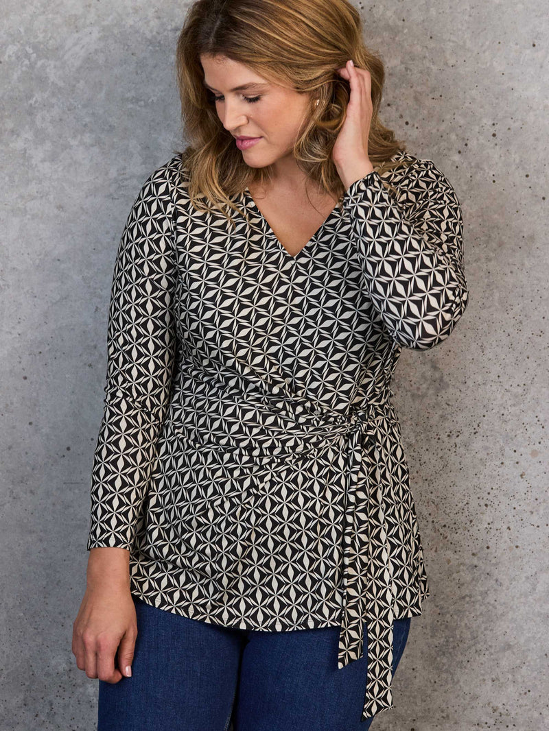 Petite Black Geo Print V-Neck Side Tie Tunic