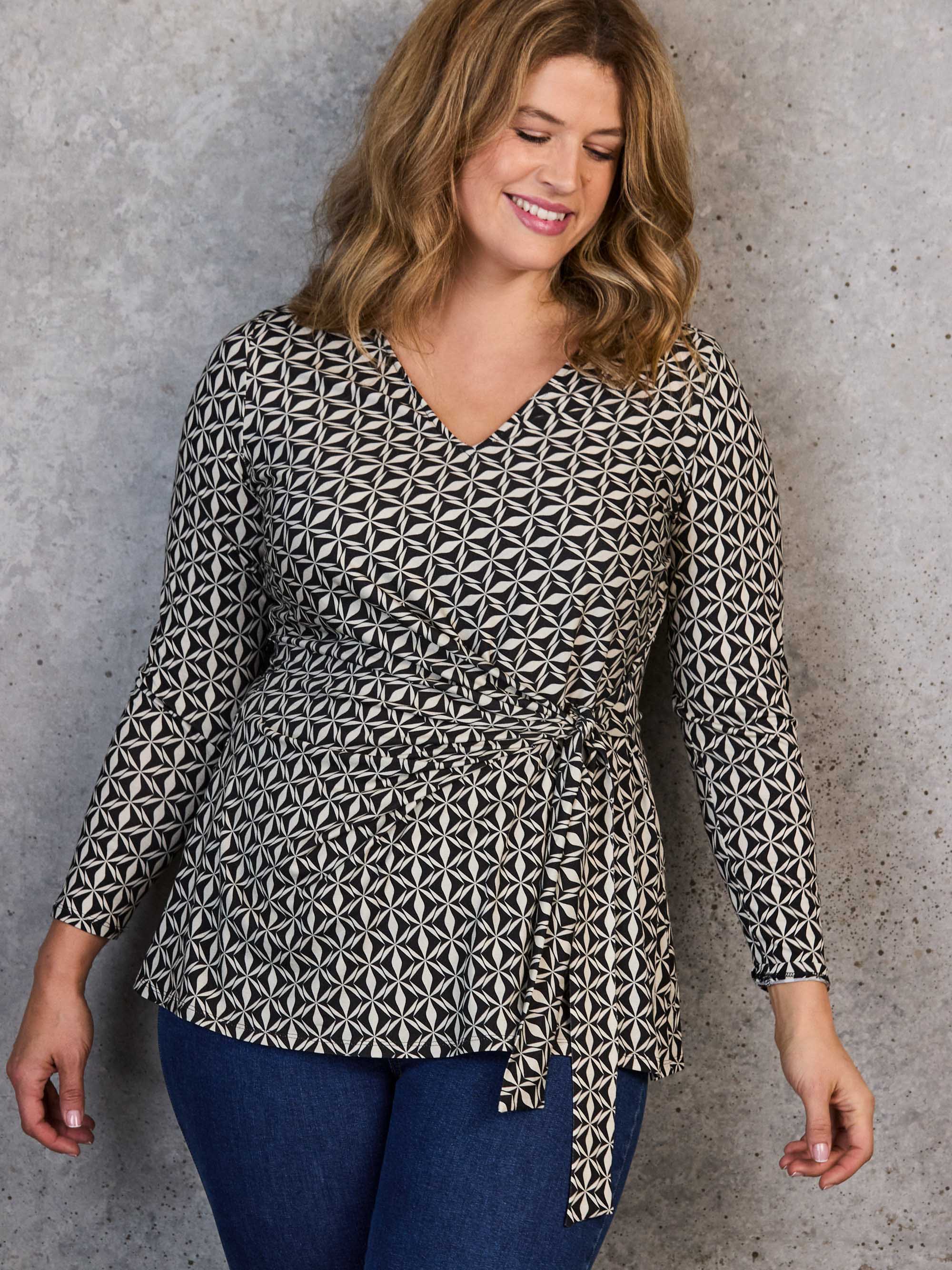 Black Geo Print V-Neck Side Tie Tunic