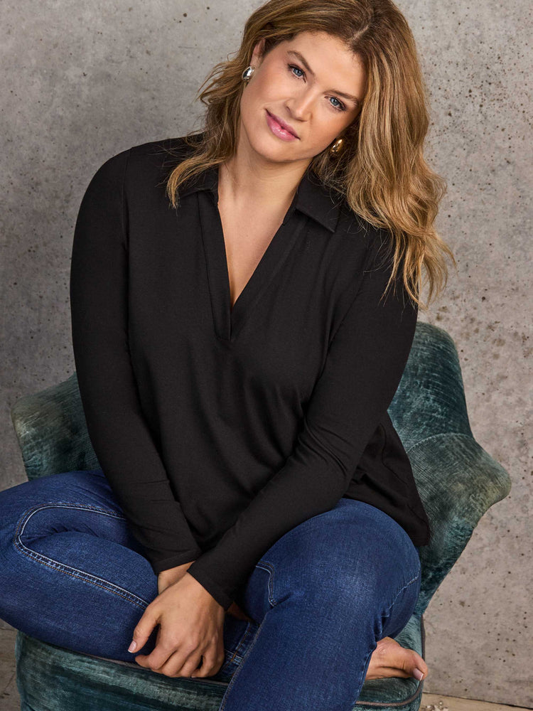 Black Long Sleeve Jersey Polo Top