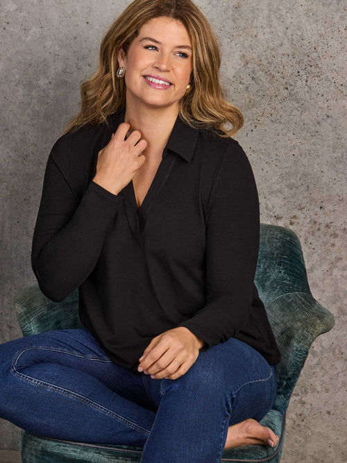 Black Long Sleeve Jersey Polo Neck Top