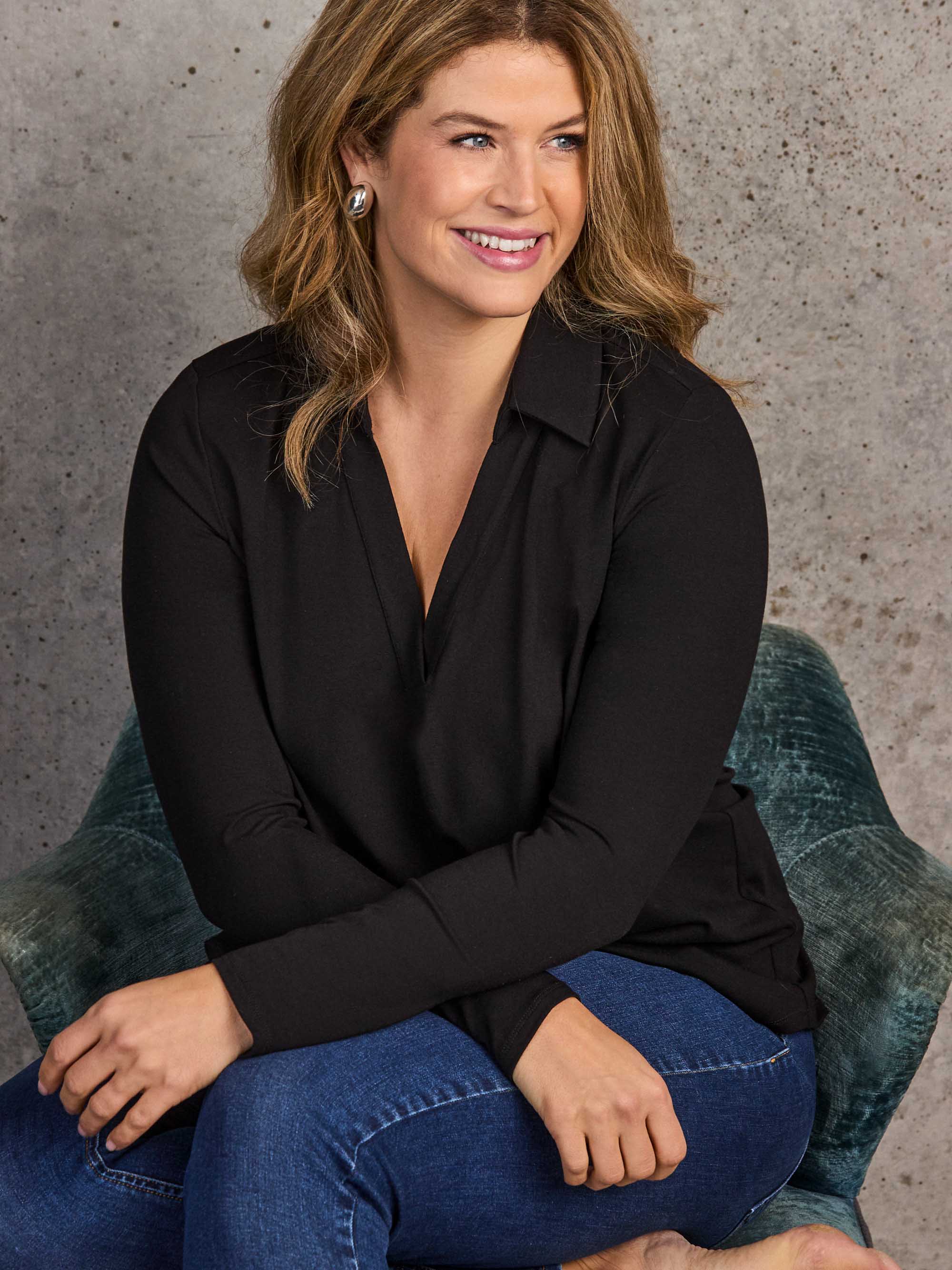 Black Long Sleeve Jersey Polo Top