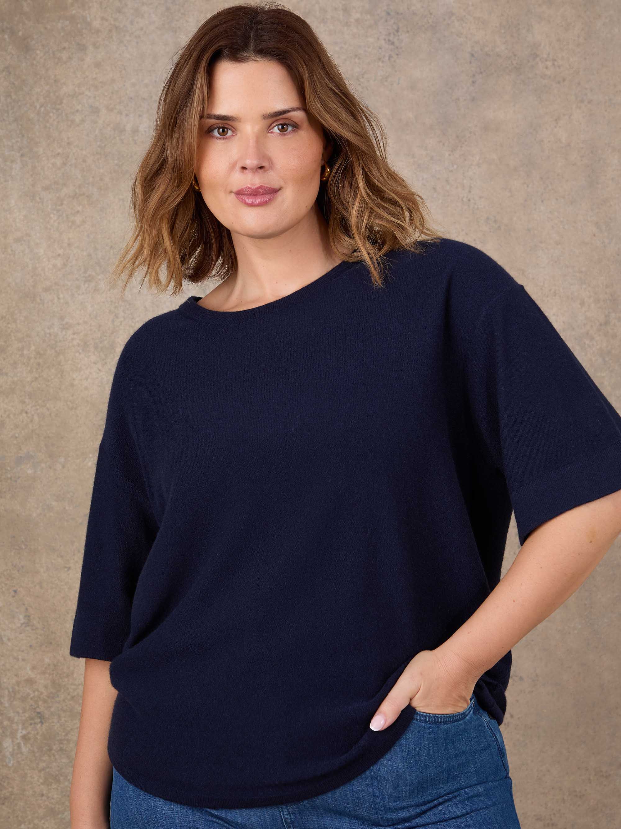 Navy Short Sleeve Knitted Jumper With Cashmere