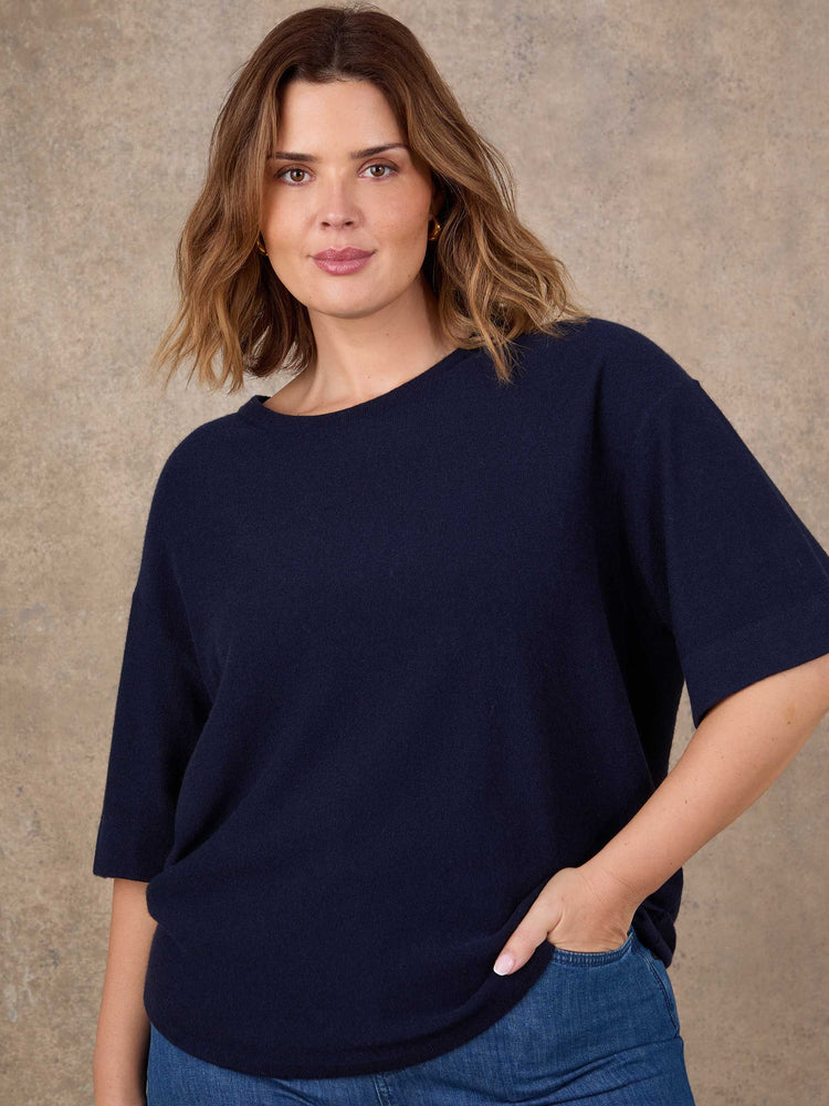 Navy Short Sleeve Knitted Jumper With Cashmere