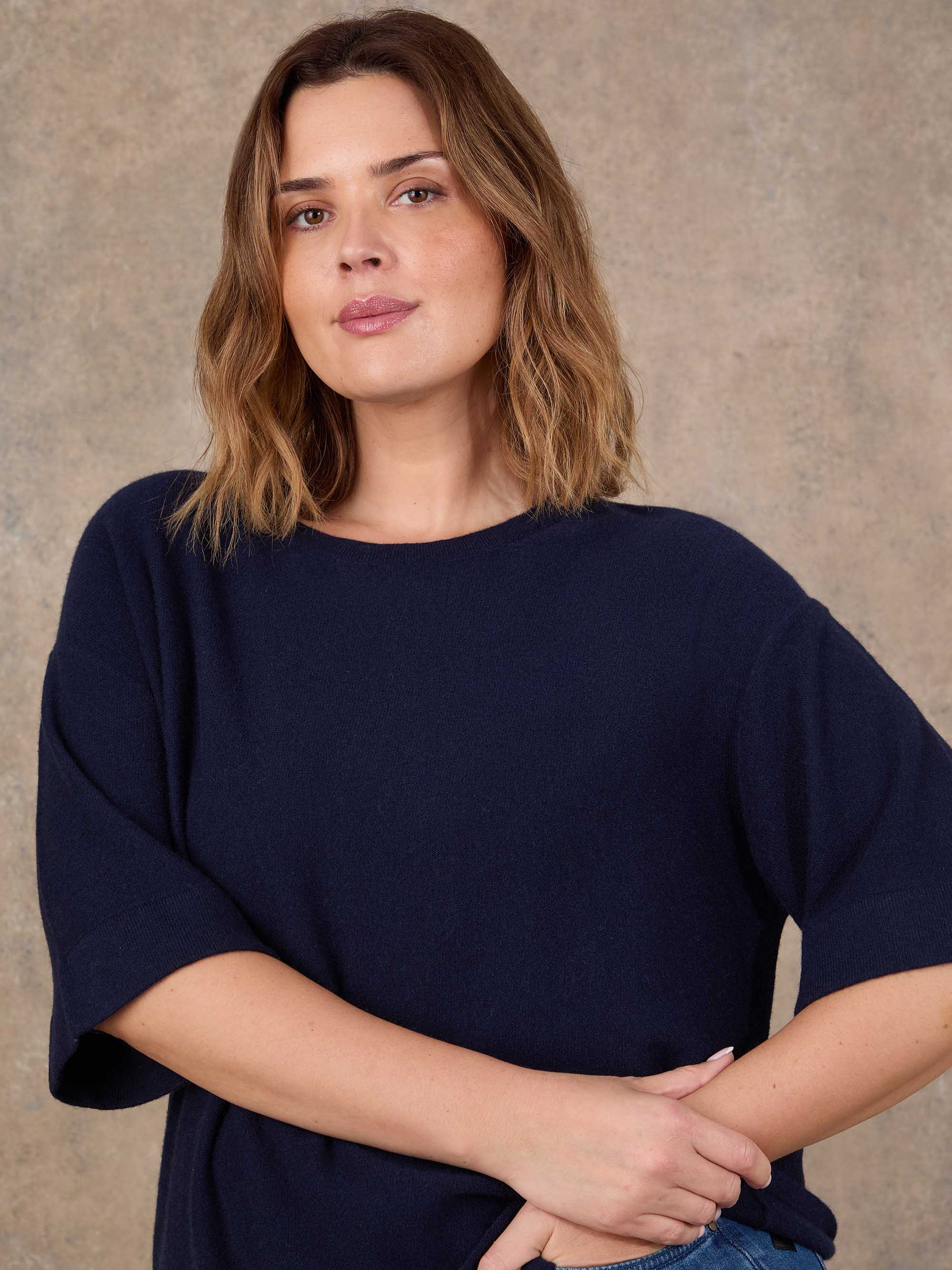 Navy Short Sleeve Knitted Jumper With Cashmere