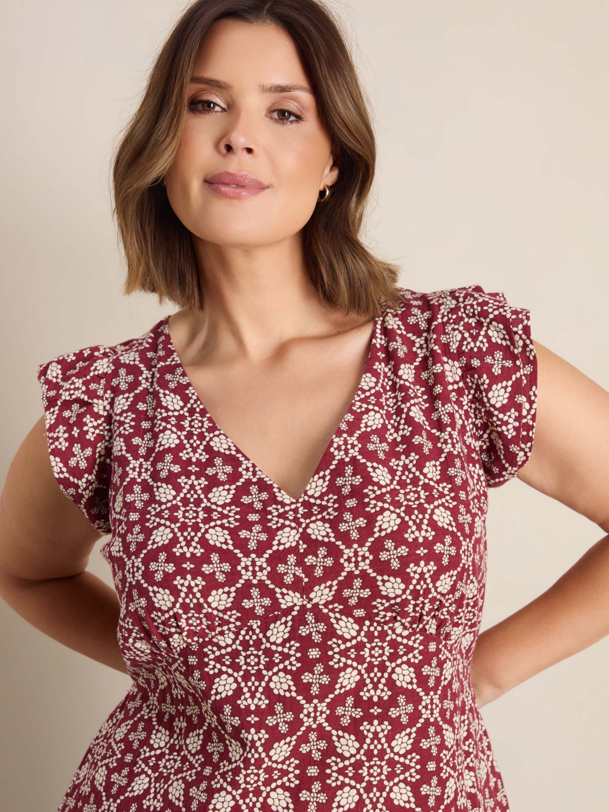 Red Boho Print Linen Blend V-Neck Midi Dress