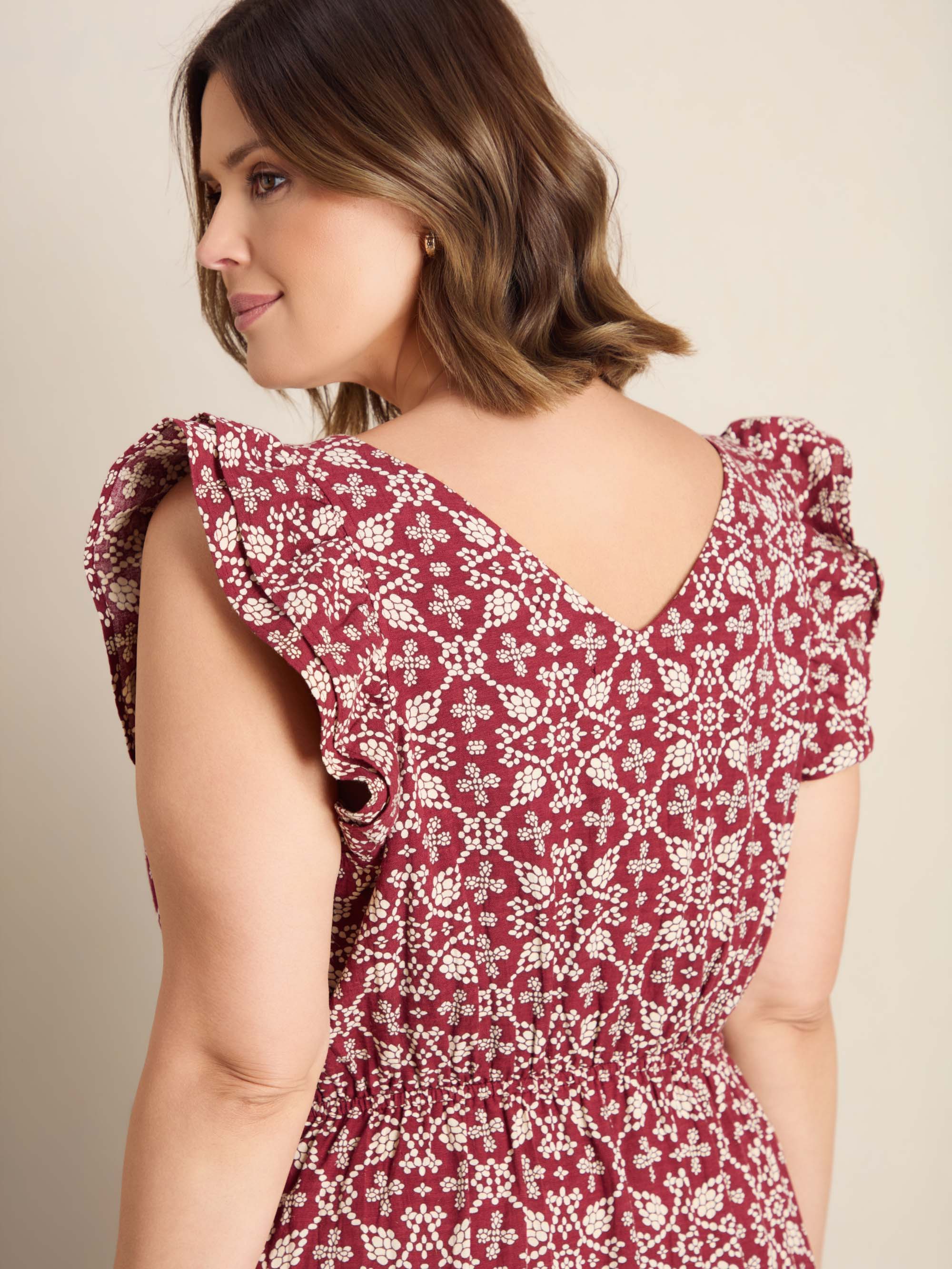 Red Boho Print Linen Blend V-Neck Midi Dress