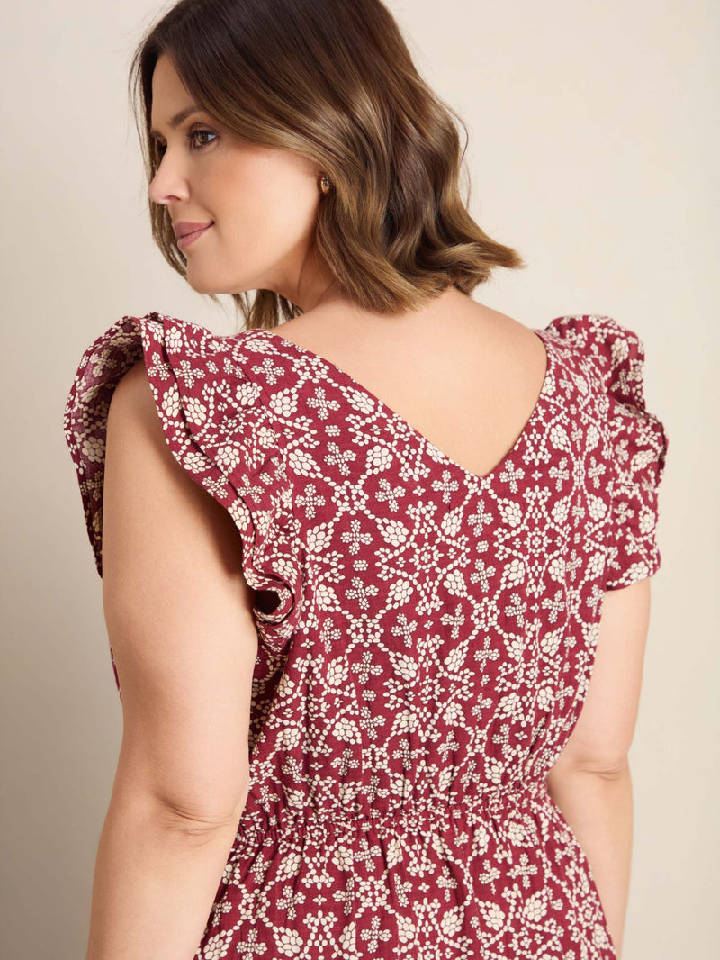 Red Boho Print Linen Blend V-Neck Midi Dress