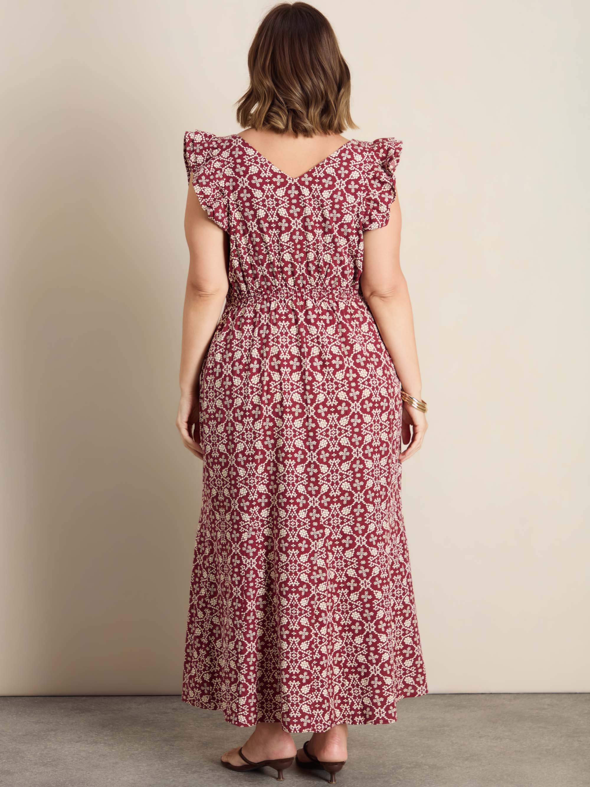 Red Boho Print Linen Blend V-Neck Midi Dress