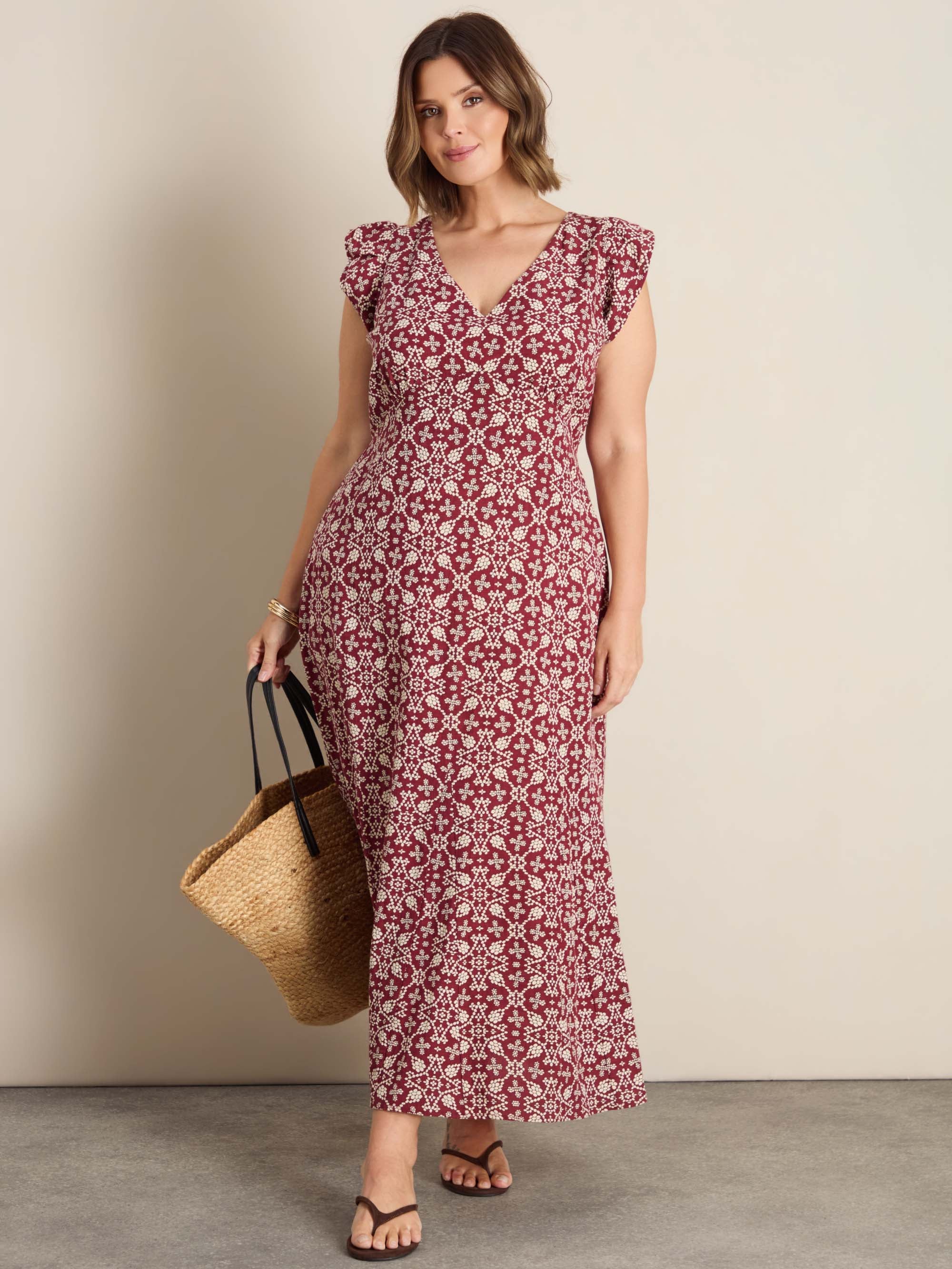 Red Boho Print Linen Blend V-Neck Midi Dress