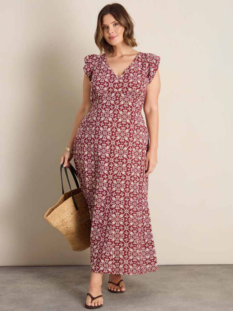 Red Boho Print Linen Blend V-Neck Midi Dress