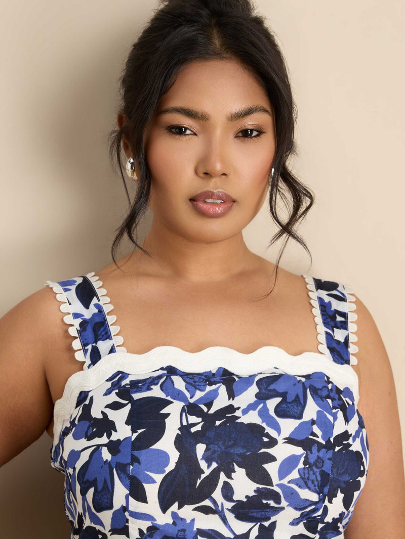 Blue Cotton Floral Print Tiered Maxi Dress