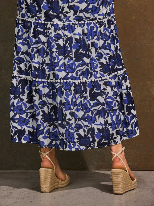 Blue floral tiered maxi dress skirt detail