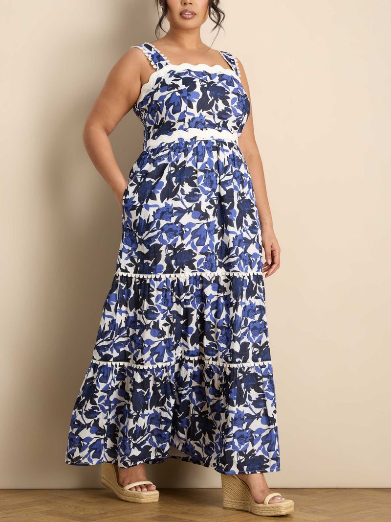 Blue Cotton Floral Print Tiered Maxi Dress