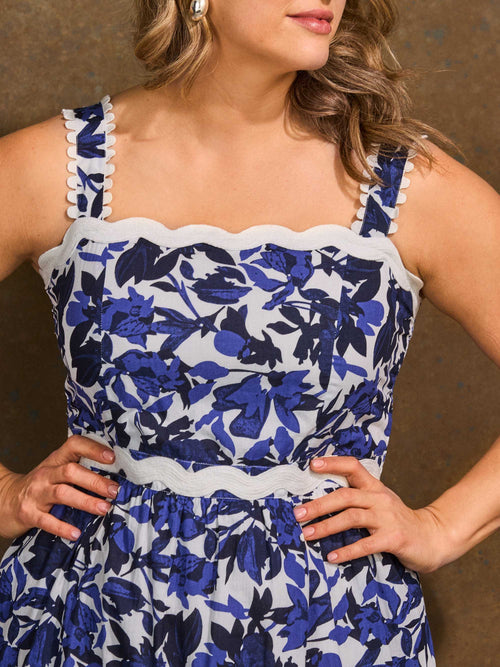 Blue floral maxi dress with scalloped trim bodice detail
