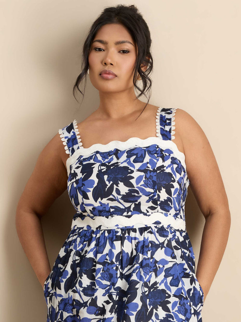 Blue Cotton Floral Print Tiered Maxi Dress