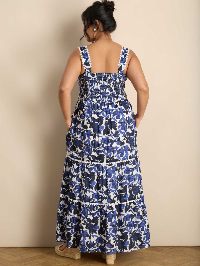 Blue Cotton Floral Print Tiered Maxi Dress