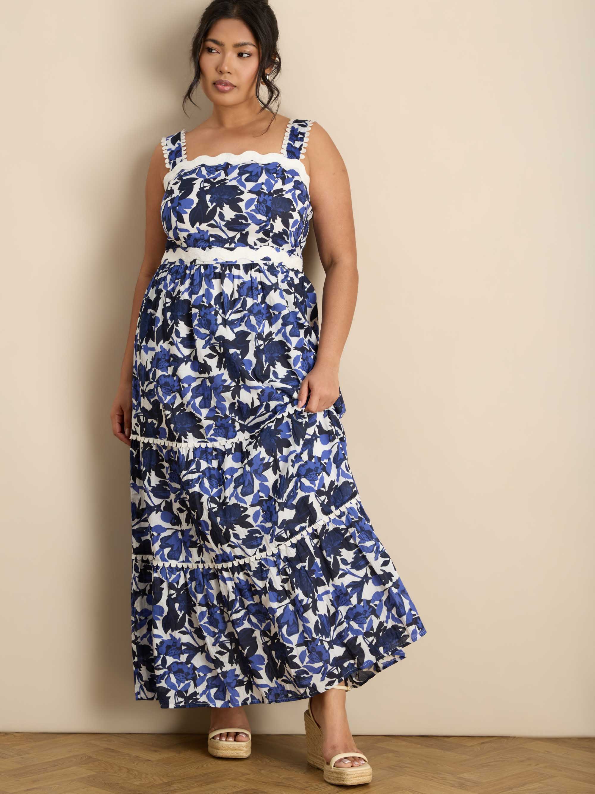 Blue Cotton Floral Print Tiered Maxi Dress