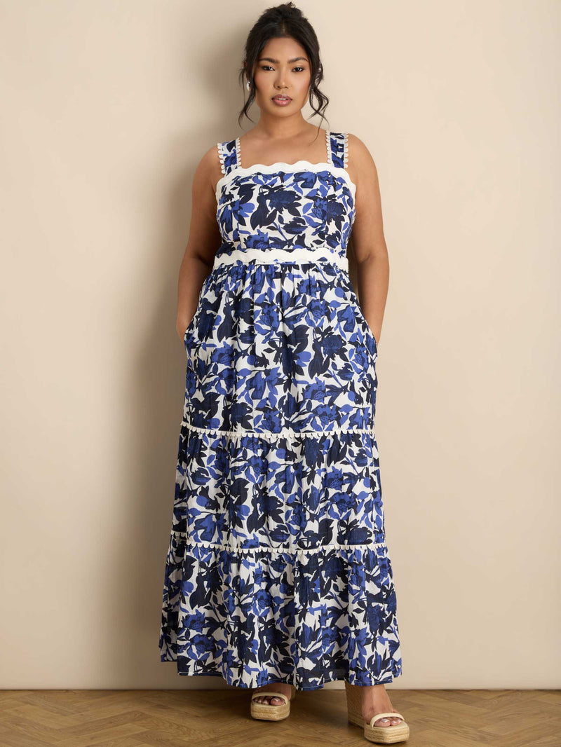 Blue Cotton Floral Print Tiered Maxi Dress