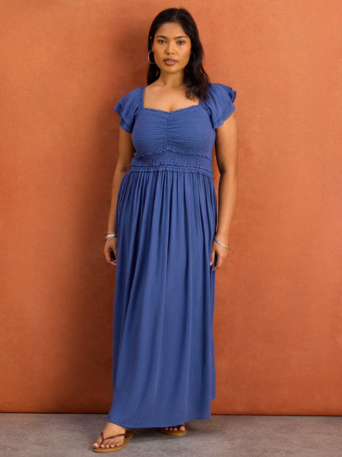 Blue shirred bodice flutter sleeve midaxi dress