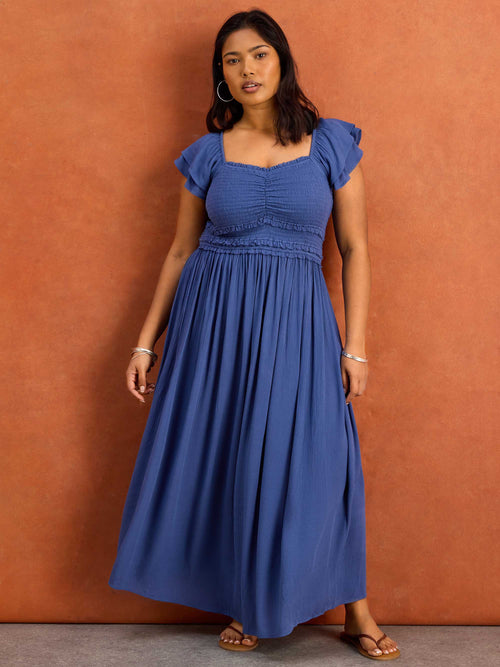Blue crinkle fabric flutter sleeve midaxi dress