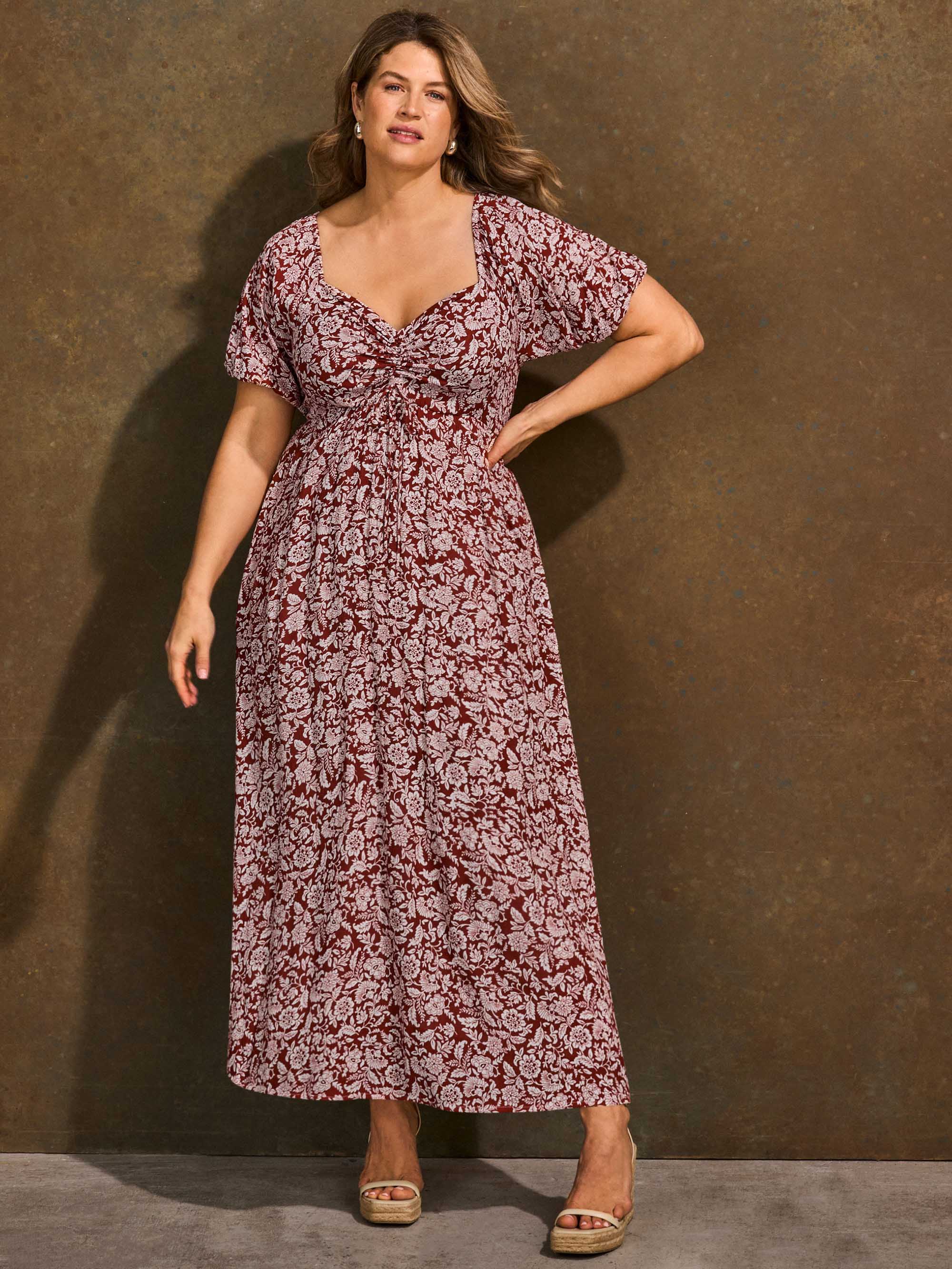 Rust floral puff sleeve midaxi dress full length