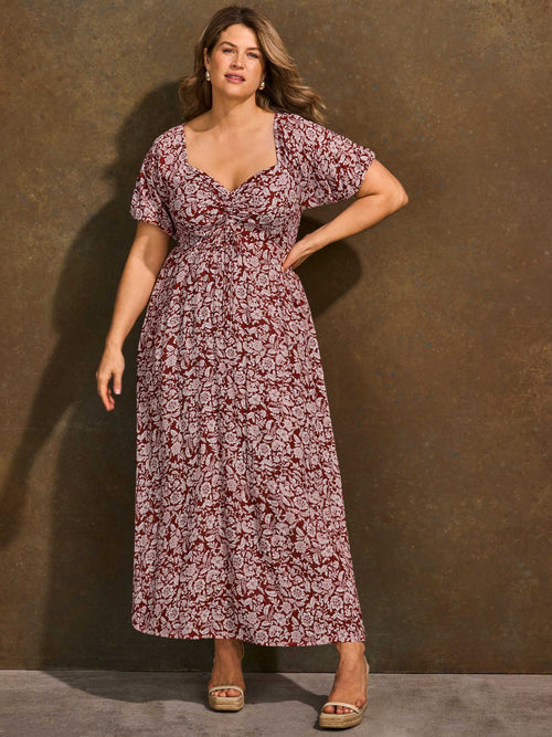 Rust floral puff sleeve midaxi dress full length