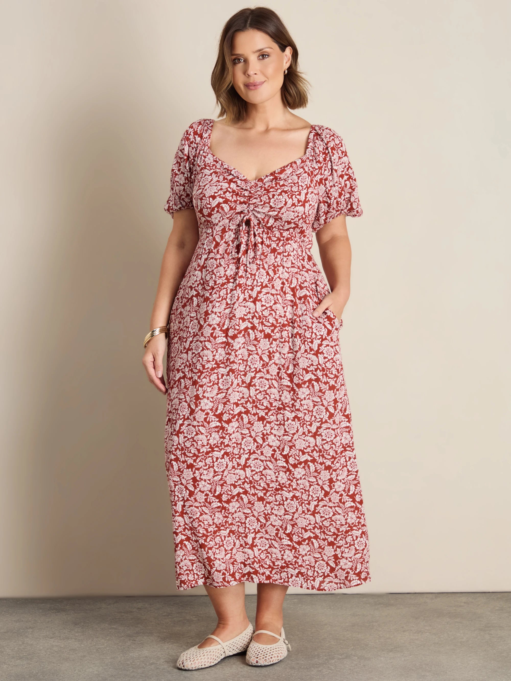 Rust Floral Print Crinkle Puff Sleeve Midaxi Dress