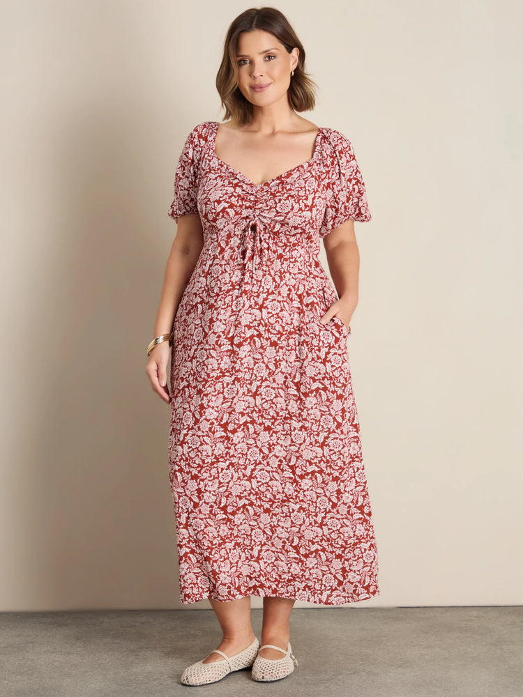 Rust Floral Print Crinkle Puff Sleeve Midaxi Dress