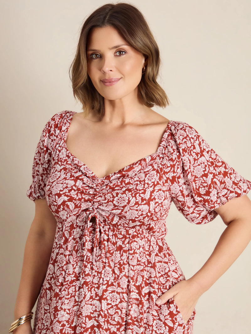 Rust Floral Print Crinkle Puff Sleeve Midaxi Dress