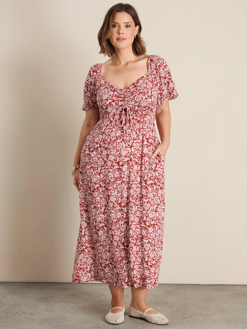 Rust Floral Print Crinkle Puff Sleeve Midaxi Dress