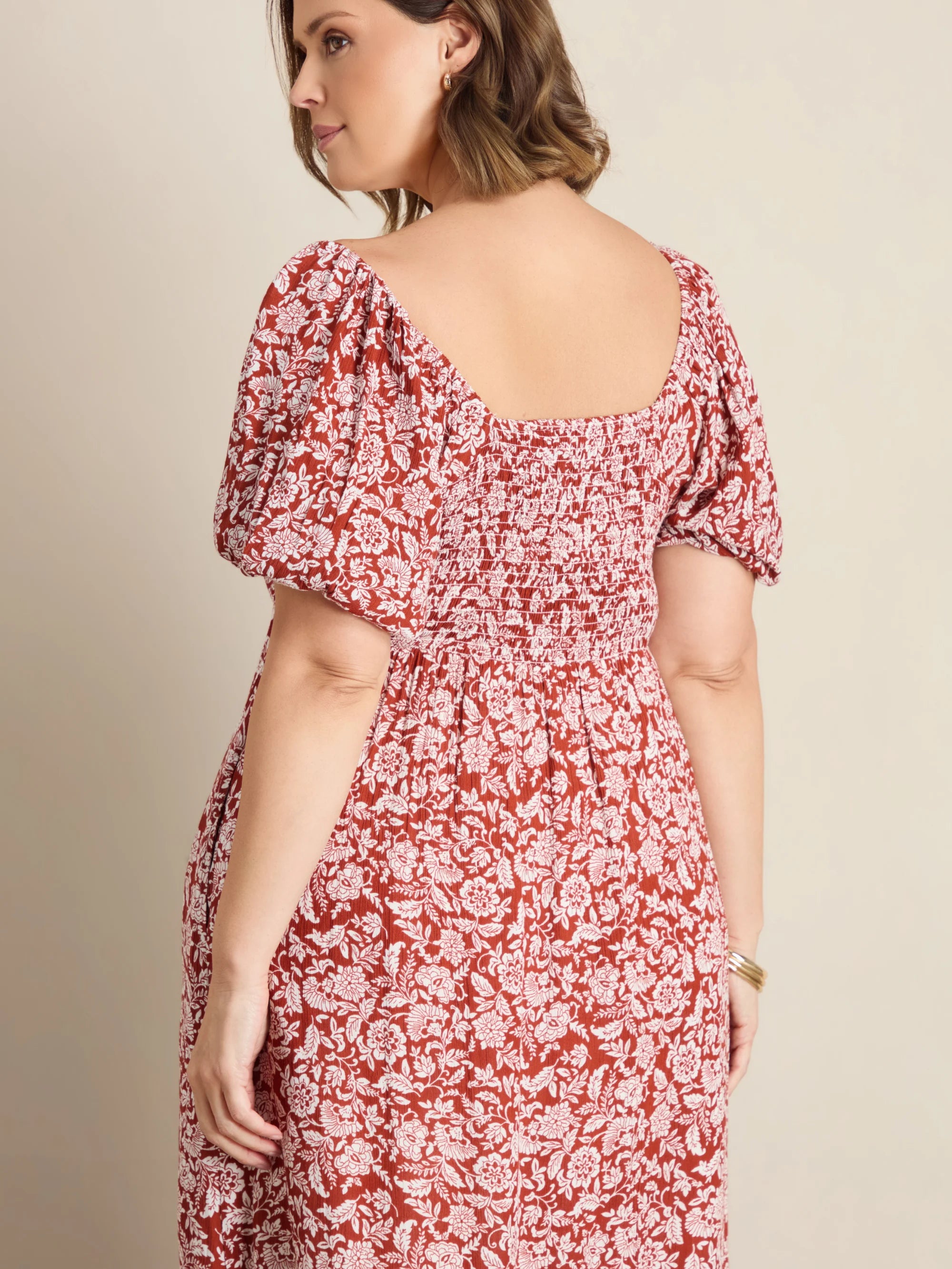 Rust Floral Print Crinkle Puff Sleeve Midaxi Dress