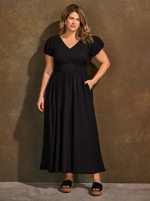 Black cotton midaxi dress with smocked waist