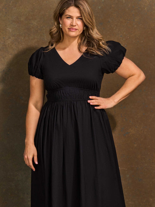 Black V neck puff sleeve midaxi dress front view