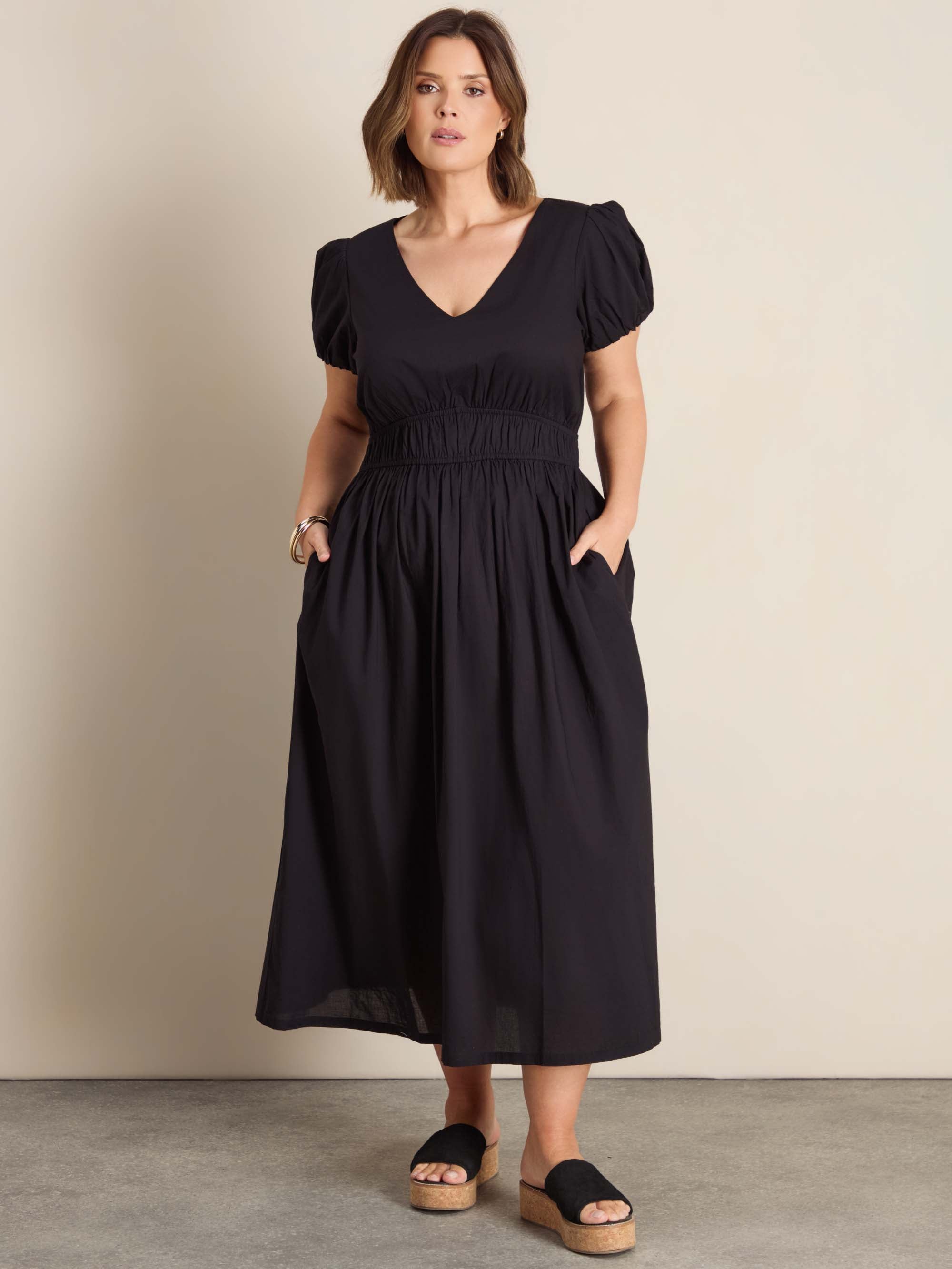 Black Cotton Smocked Waist Midaxi Dress