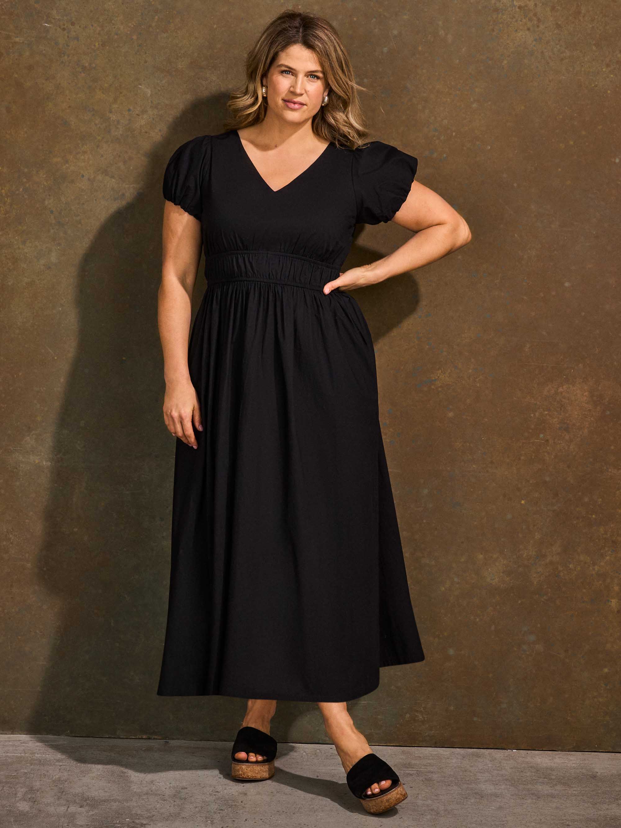 Black smocked waist midaxi dress full length