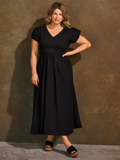 Black smocked waist midaxi dress full length