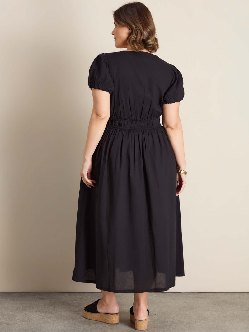 Black Cotton Smocked Waist Midaxi Dress