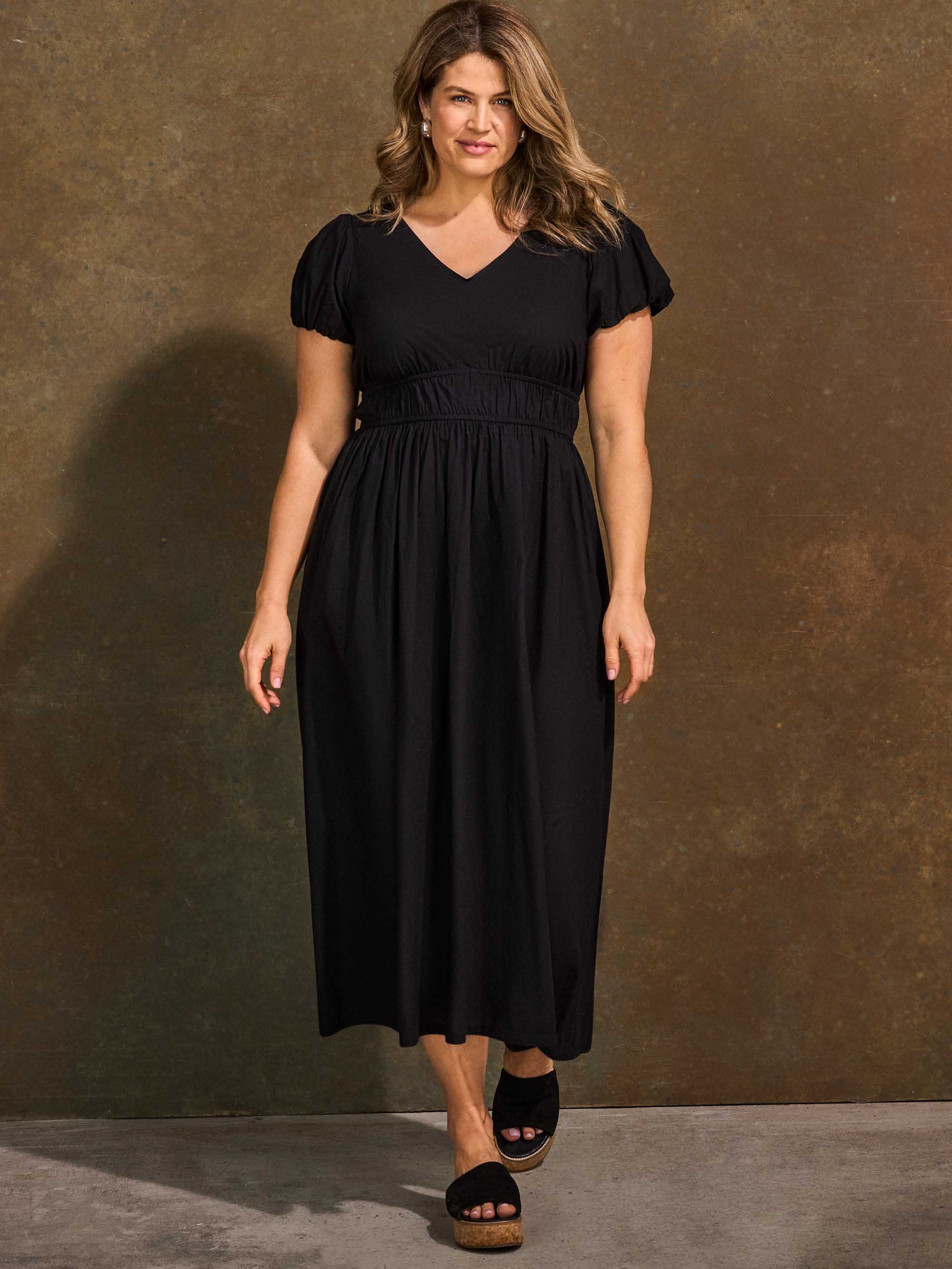 Black smocked waist midaxi dress front view