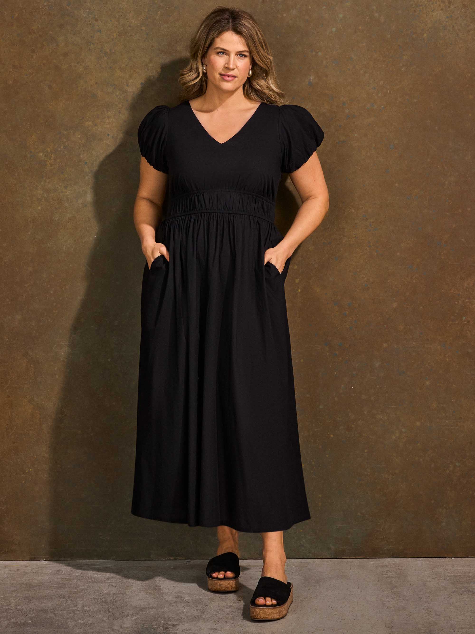 Black cotton midaxi dress with puff sleeves