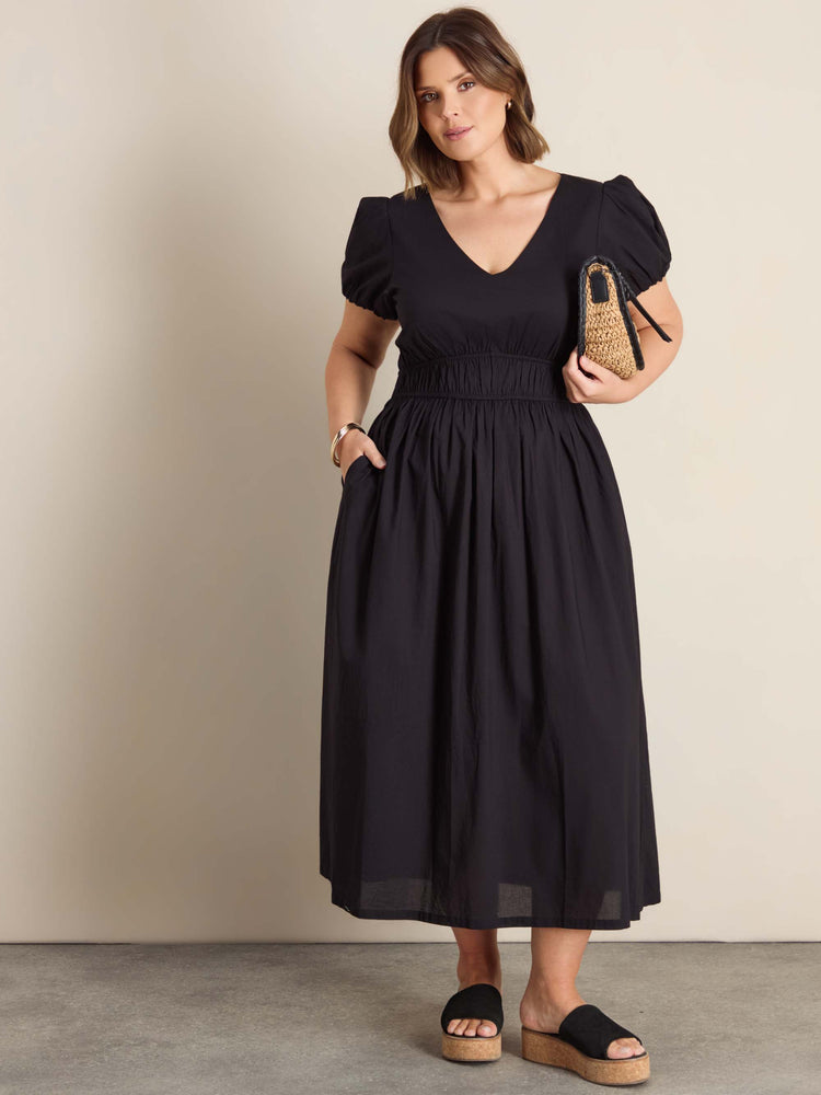Black Cotton Smocked Waist Midaxi Dress