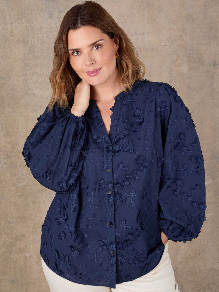 Navy Floral Applique Puff Sleeve Blouse