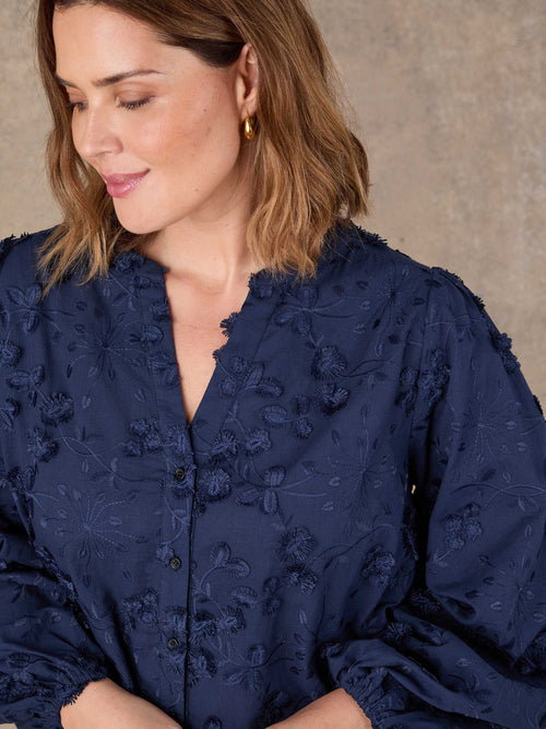 Navy Floral Applique Puff Sleeve Blouse