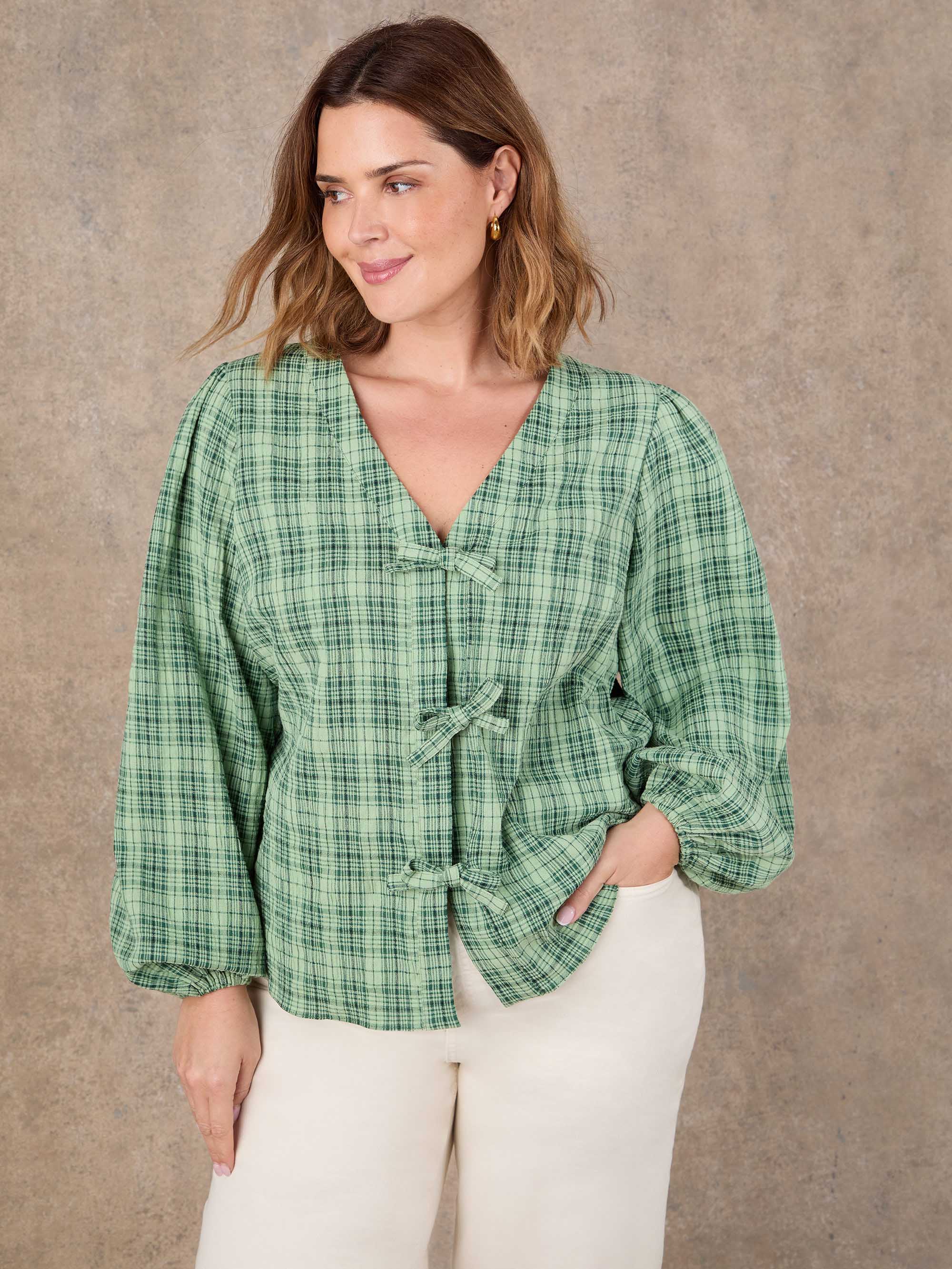 Plus size green check V neck blouse featuring bow tie front detail