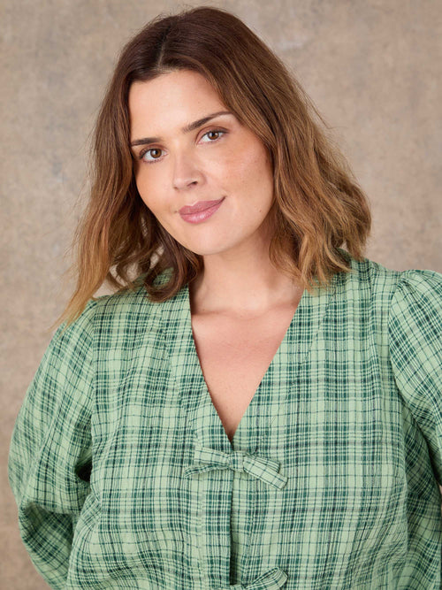Curve fit green check long sleeve blouse with elasticated cuffs and soft drape