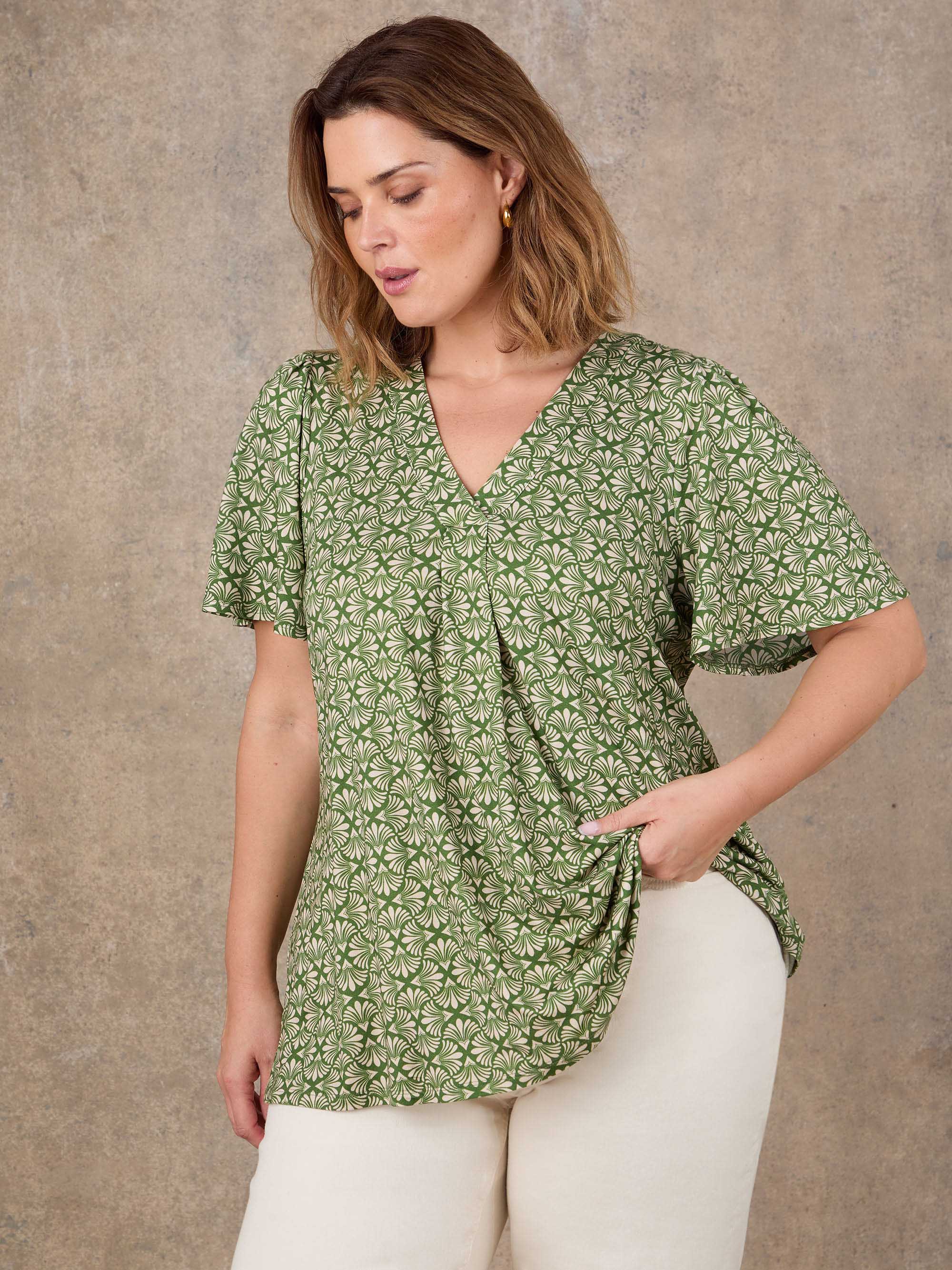 Green Print Flutter Sleeve Pleat Front Top