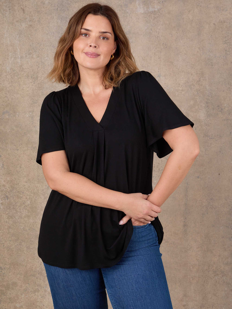 Black short sleeve top with pleated front detail