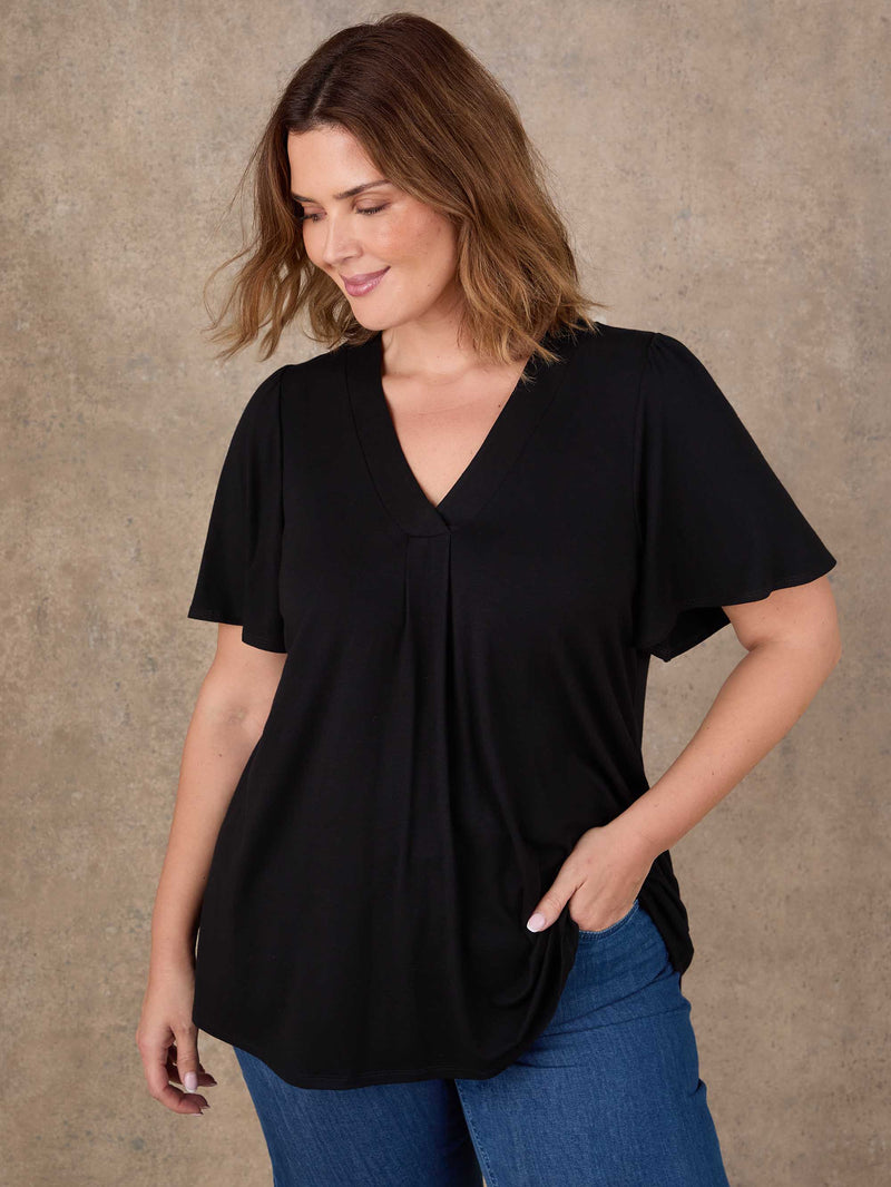 Black V-neck top with flutter sleeves