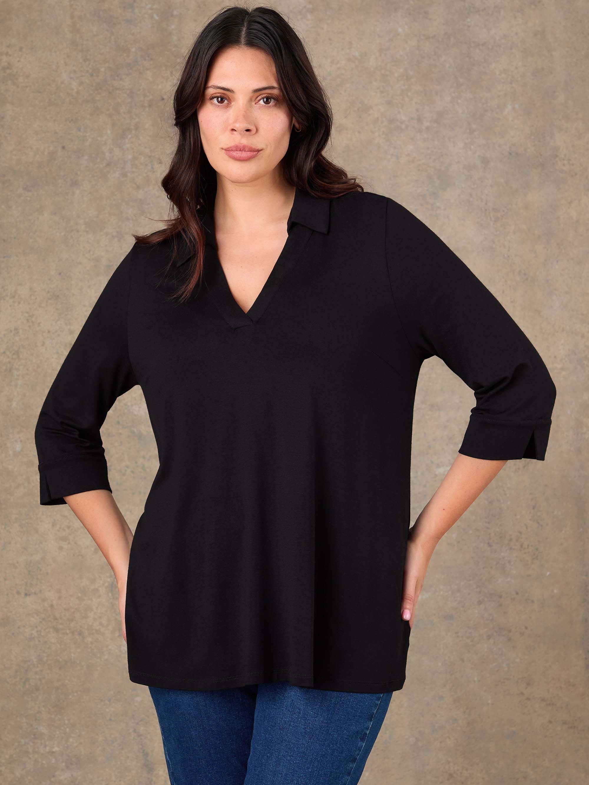 Black jersey collared top with V neckline and three quarter sleeves