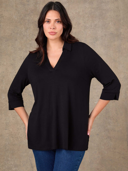 Black jersey collared top with V neckline and three quarter sleeves