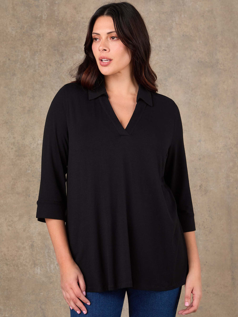Black stretch jersey blouse with V neck and cuffed sleeves